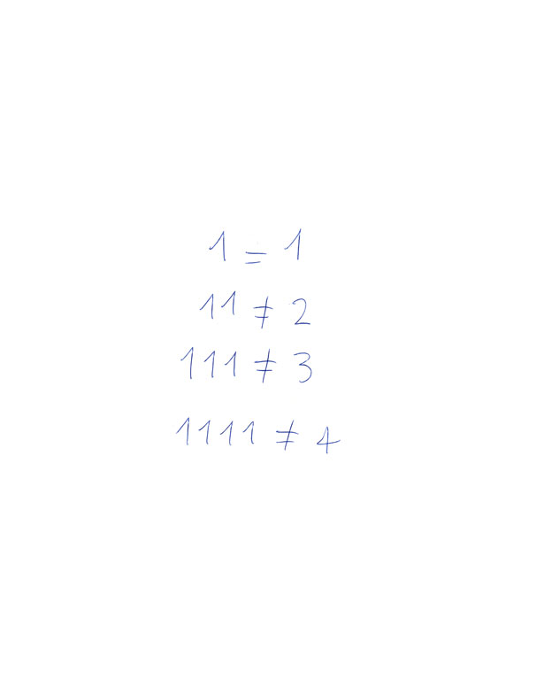 Claude Closky, ‘Untitled (1=1, 11≠2)’, 1992, ballpoint pen on paper, 30 x 24 cm.
